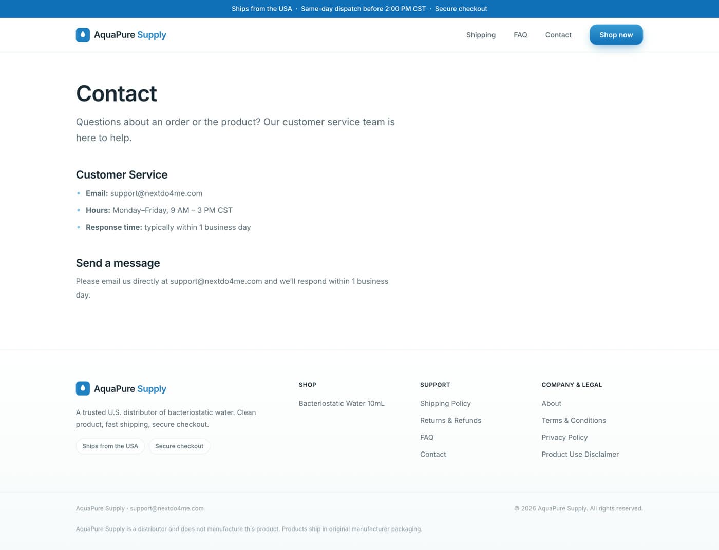 Aqua Pure Supply — contact page