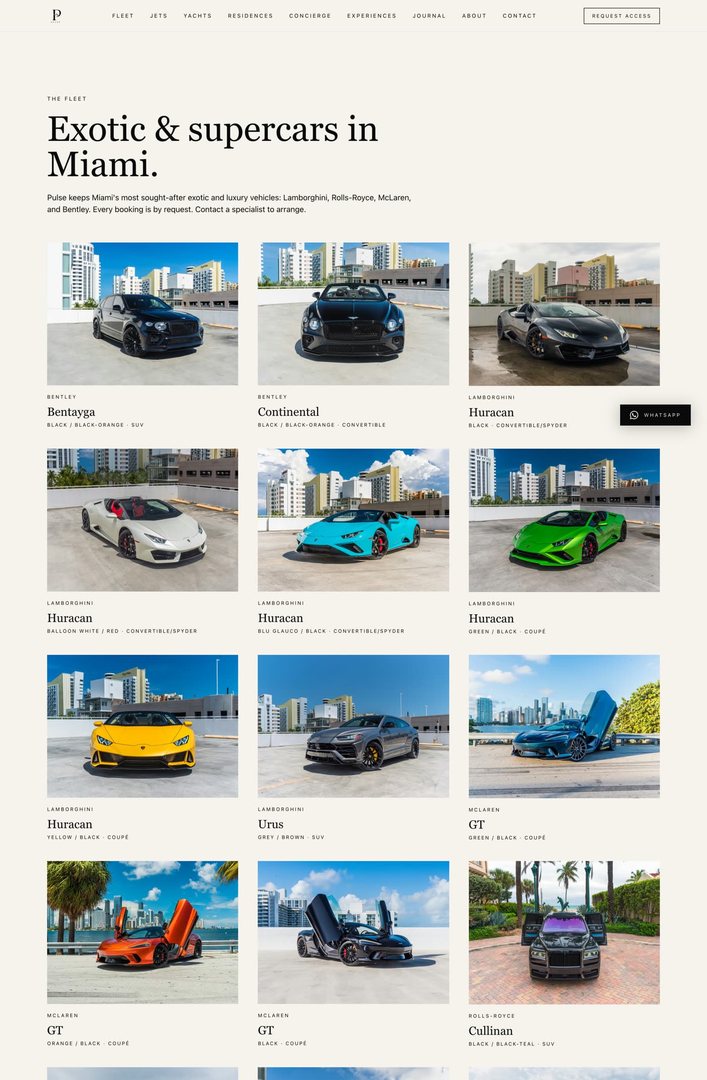 Pulse website — exotic and supercar fleet
