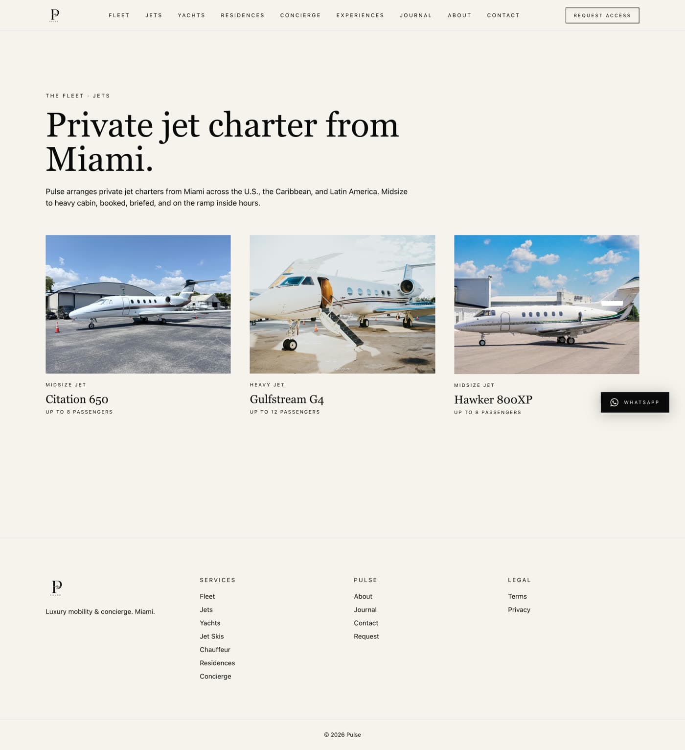 Pulse website — private jets
