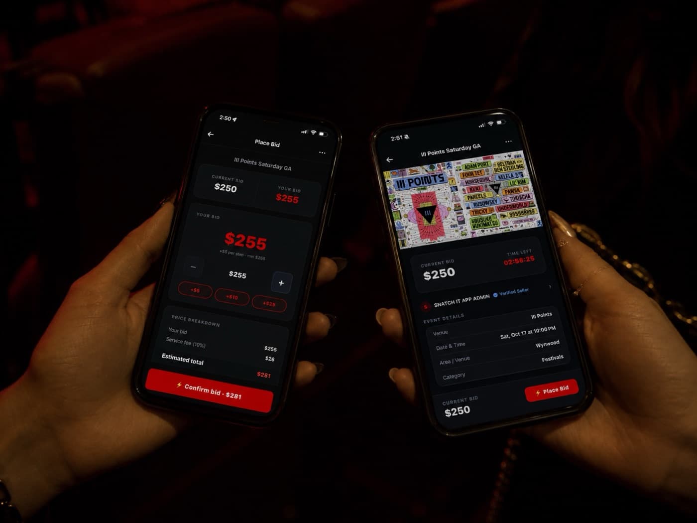 Snatch It in venue — bidding on two phones