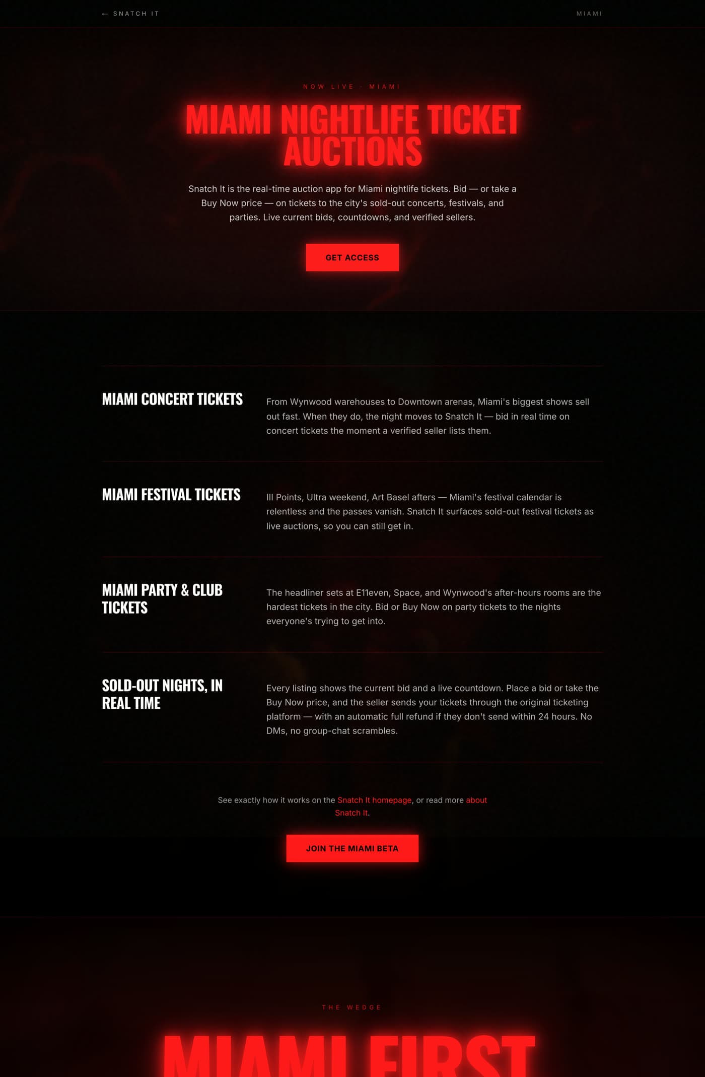 Snatch It website — Miami launch page