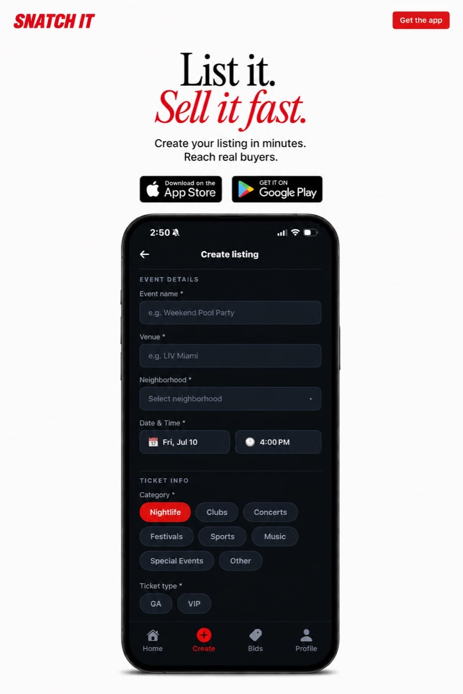 Snatch It app — create a listing
