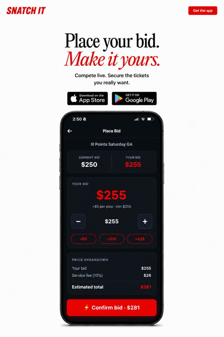 Snatch It app — place a bid