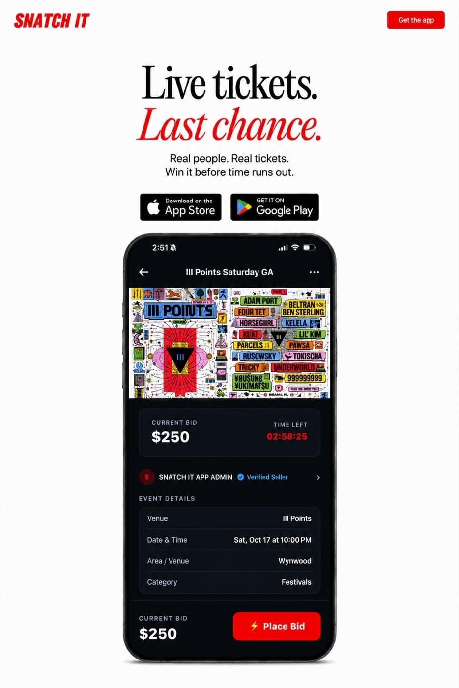 Snatch It app — live listing with countdown