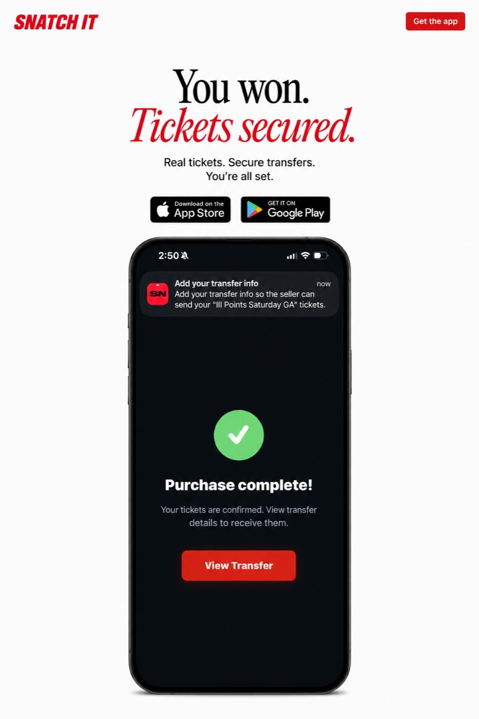 Snatch It app — purchase complete