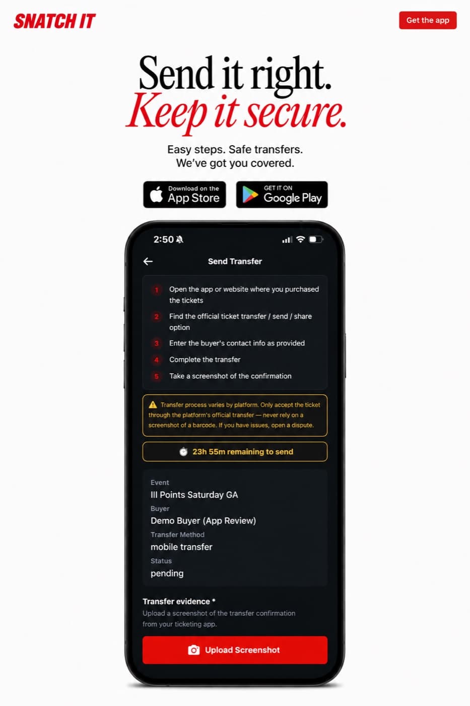Snatch It app — secure ticket transfer